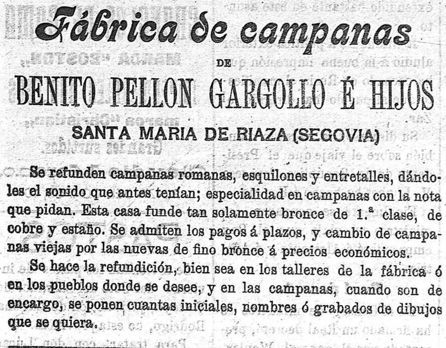 Anuncio de prensa de 1905 con letra gótica: «Fábrica de campanas de Benito Pellón Gargollo é hijos, Santa María de Riaza (Segovia)»