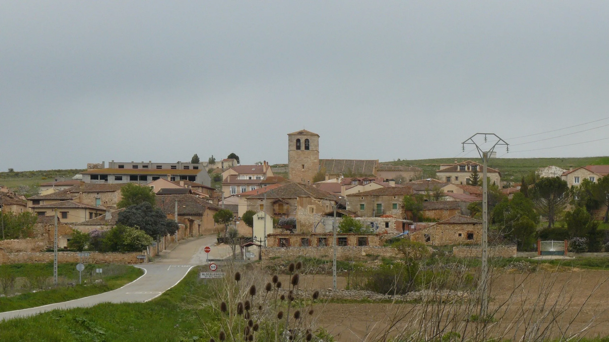 Aldealengua de Santa María desde la carretera de Alconada, con la torre de la iglesia sobre los tejados en un día nublado