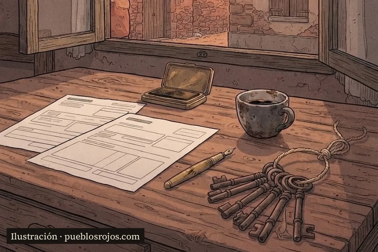 Ilustración: la mesa de un teleclub con dos solicitudes, una pluma, un tampón y un manojo de llaves viejas