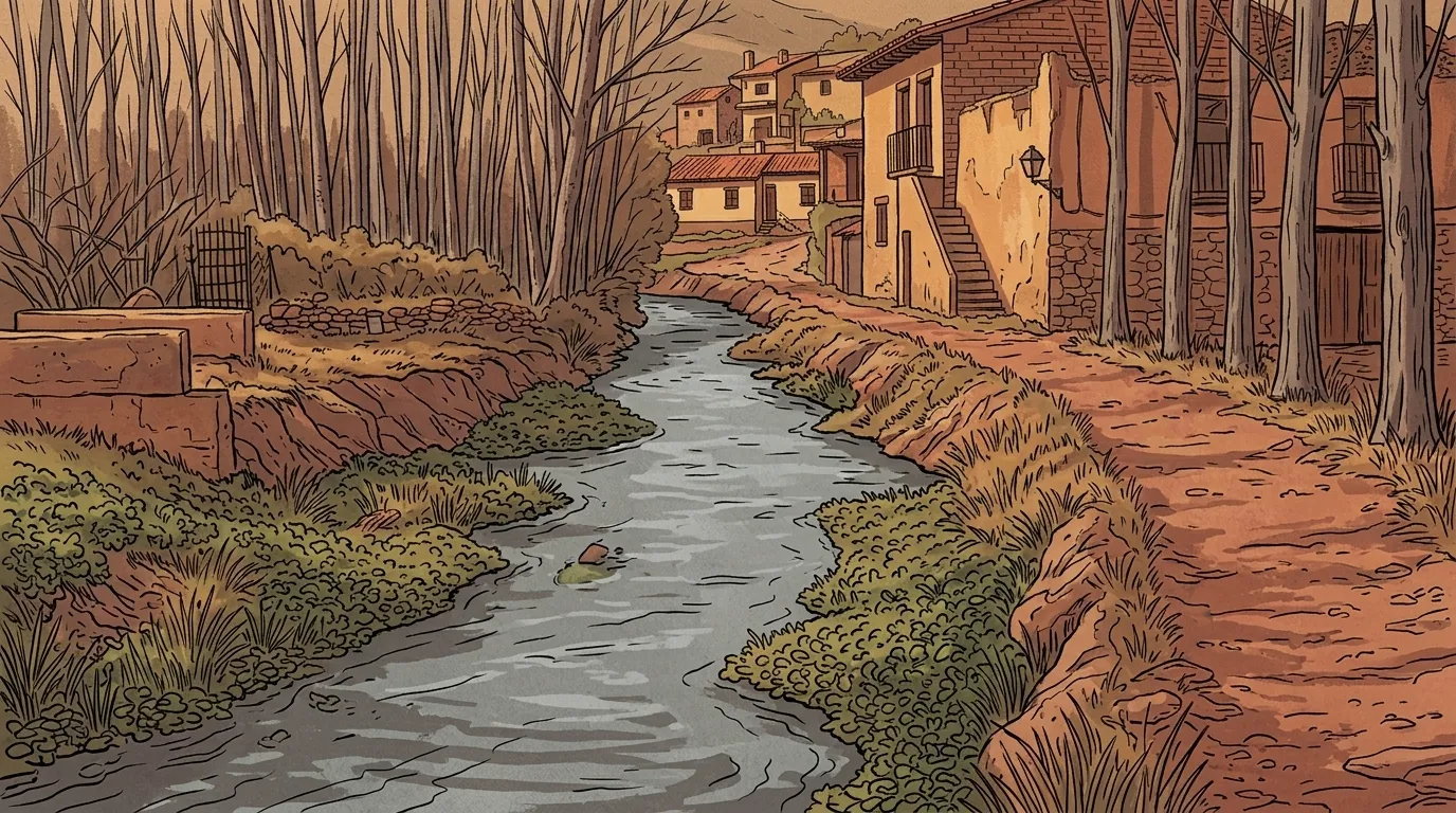 Ilustración: el río Aguisejo a su paso por Santibáñez de Ayllón, entre chopos desnudos, con las casas de piedra y revoco al fondo