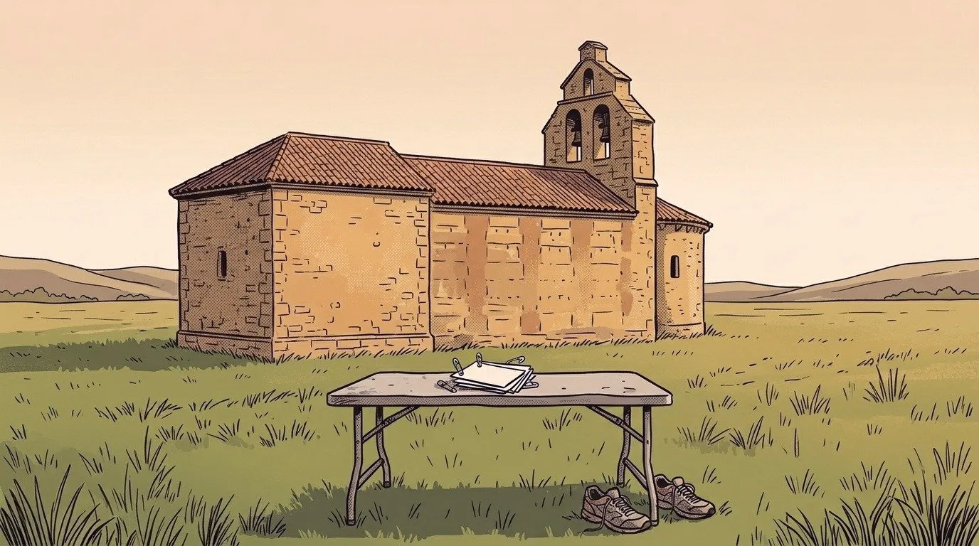 Ilustración: la ermita de San Roque en El Rasero, ya sin la olma, con la mesa de los dorsales y unas zapatillas en el prado