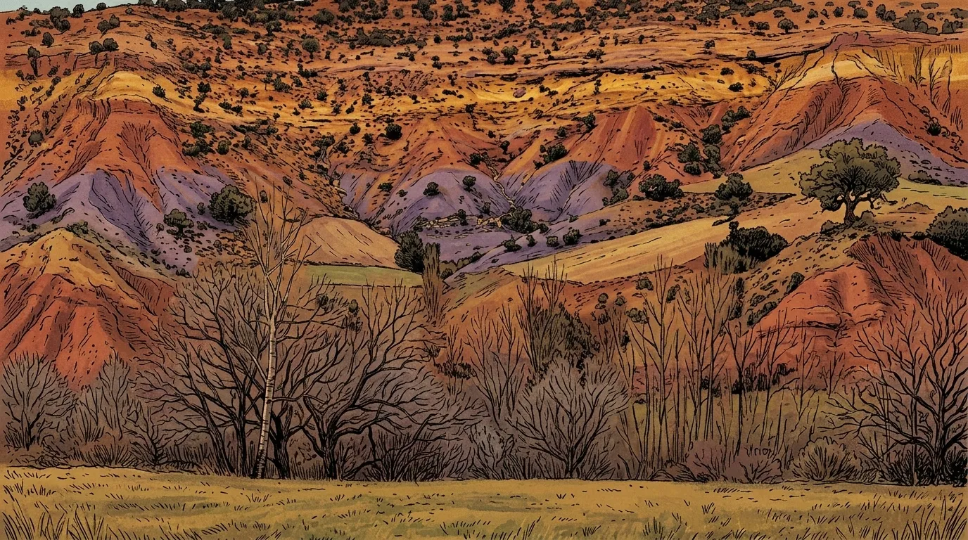 Ilustración: una ladera de arcillas rojas, ocres y moradas en el término de Santibáñez de Ayllón, con árboles desnudos al pie