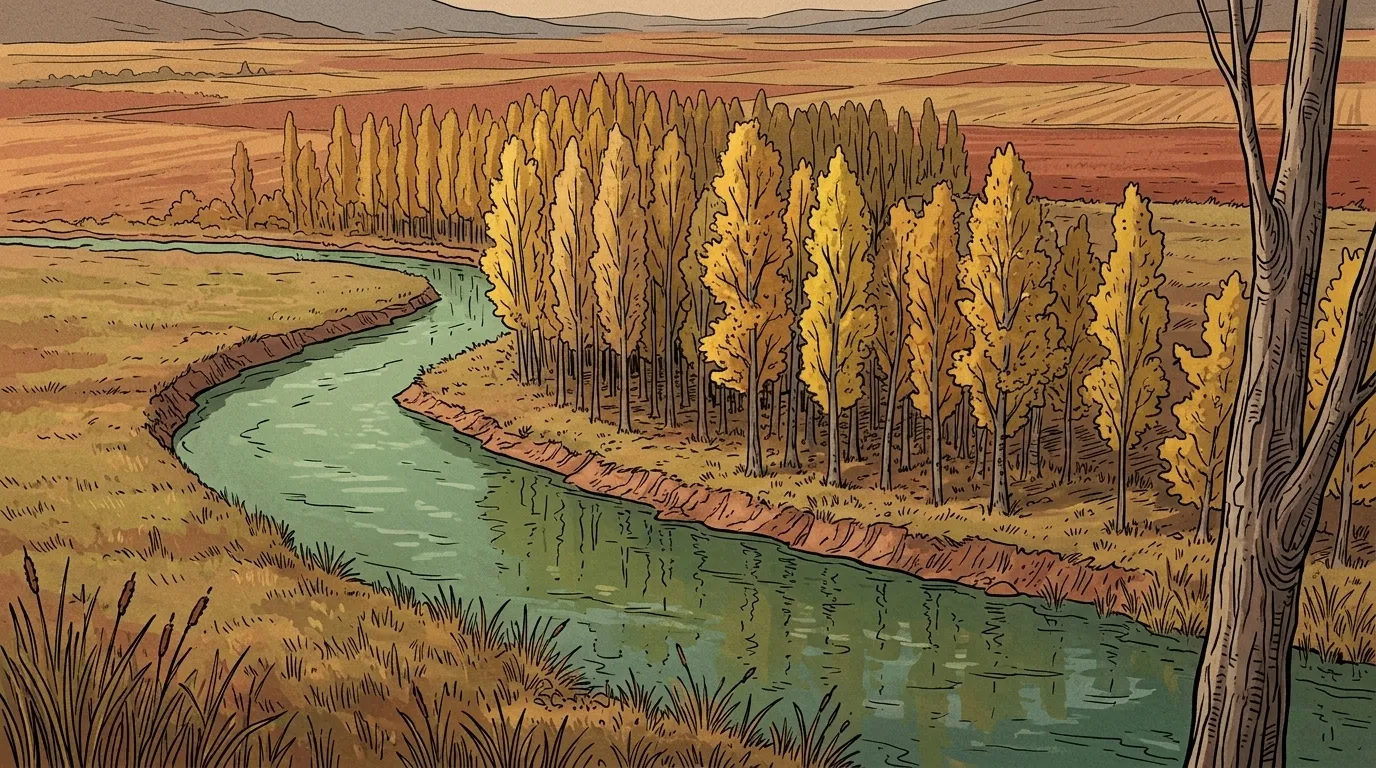 Ilustración: la vega del río Riaza cerca de Languilla, con su chopera en otoño