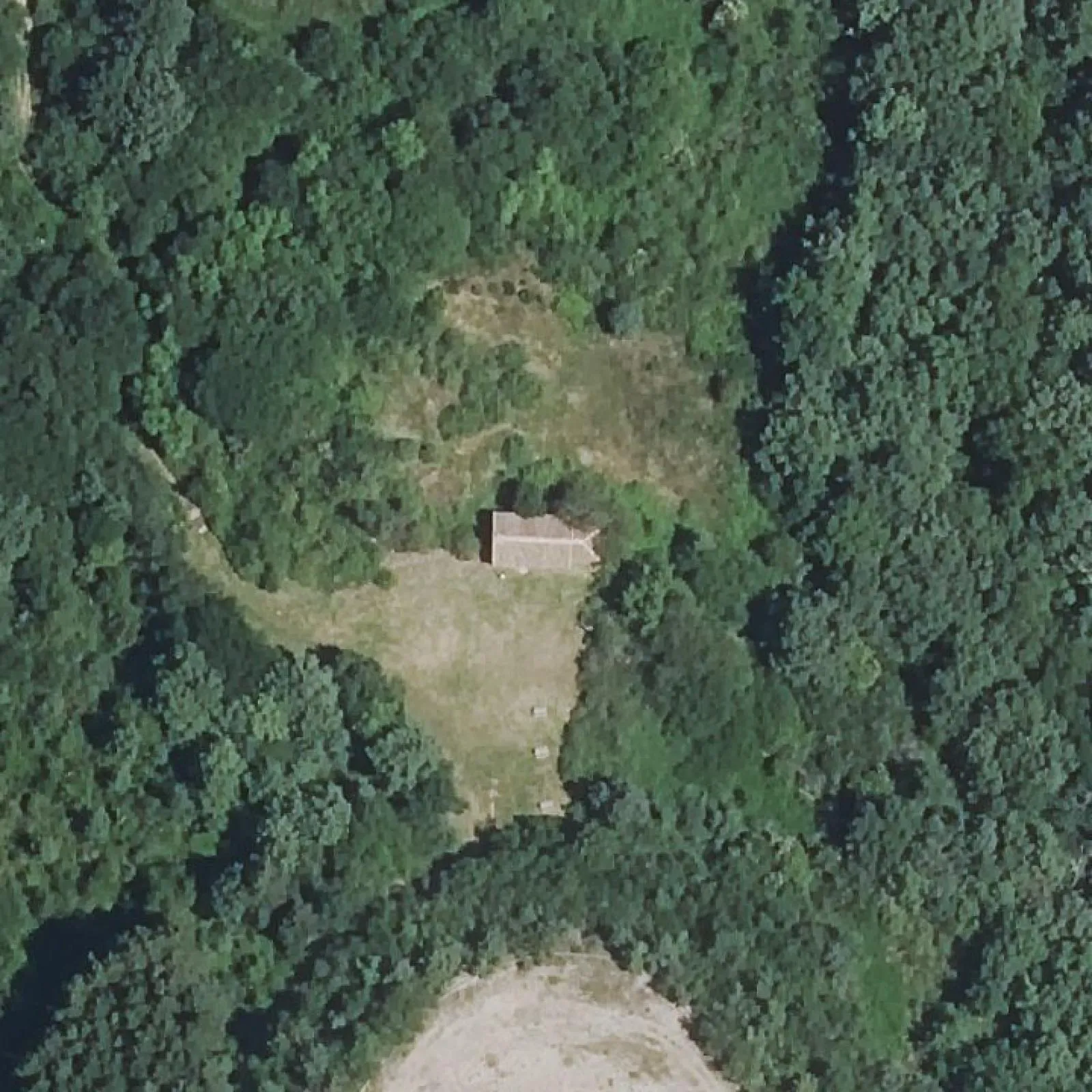 La ermita de San Benito vista desde el aire: la nave rectangular en un claro de pradera rodeado de robledal