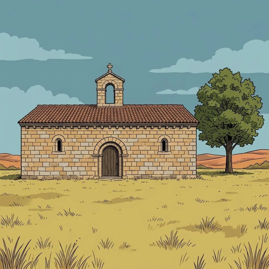 Ilustración: la ermita de San Marcos de Mansilla, pequeña y de sillería ocre, con la puerta de medio punto, dos ventanitas y la espadaña de una campana sobre el alero