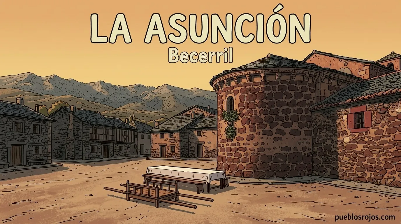 Ilustración: cartel de la Asunción en Becerril, con el ábside románico de la iglesia, ramas verdes en la ventana, unas andas vacías y una mesa con mantel en la plaza