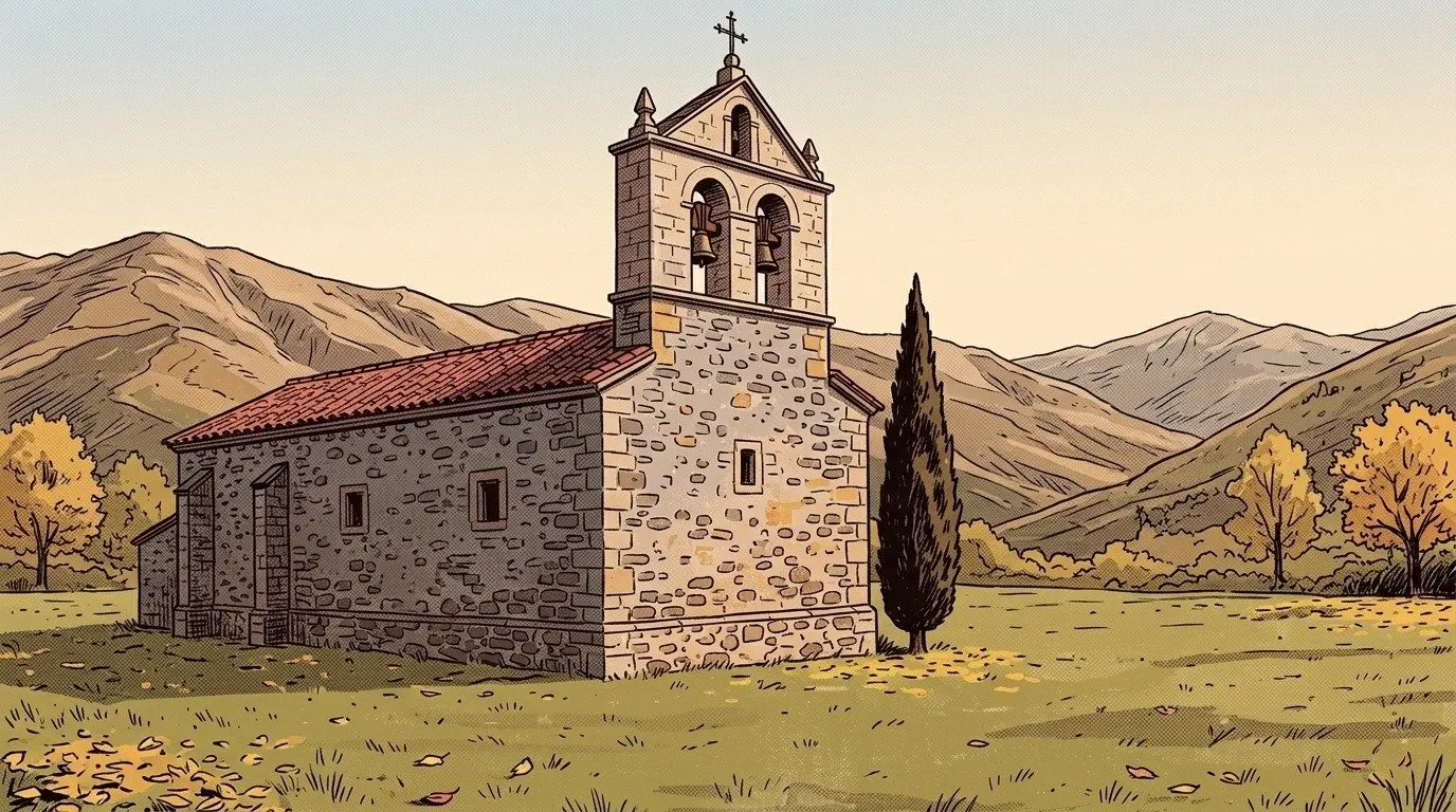 Ilustración: la iglesia de San Román de Cerezo de Abajo en otoño, con el ciprés y la sierra al fondo