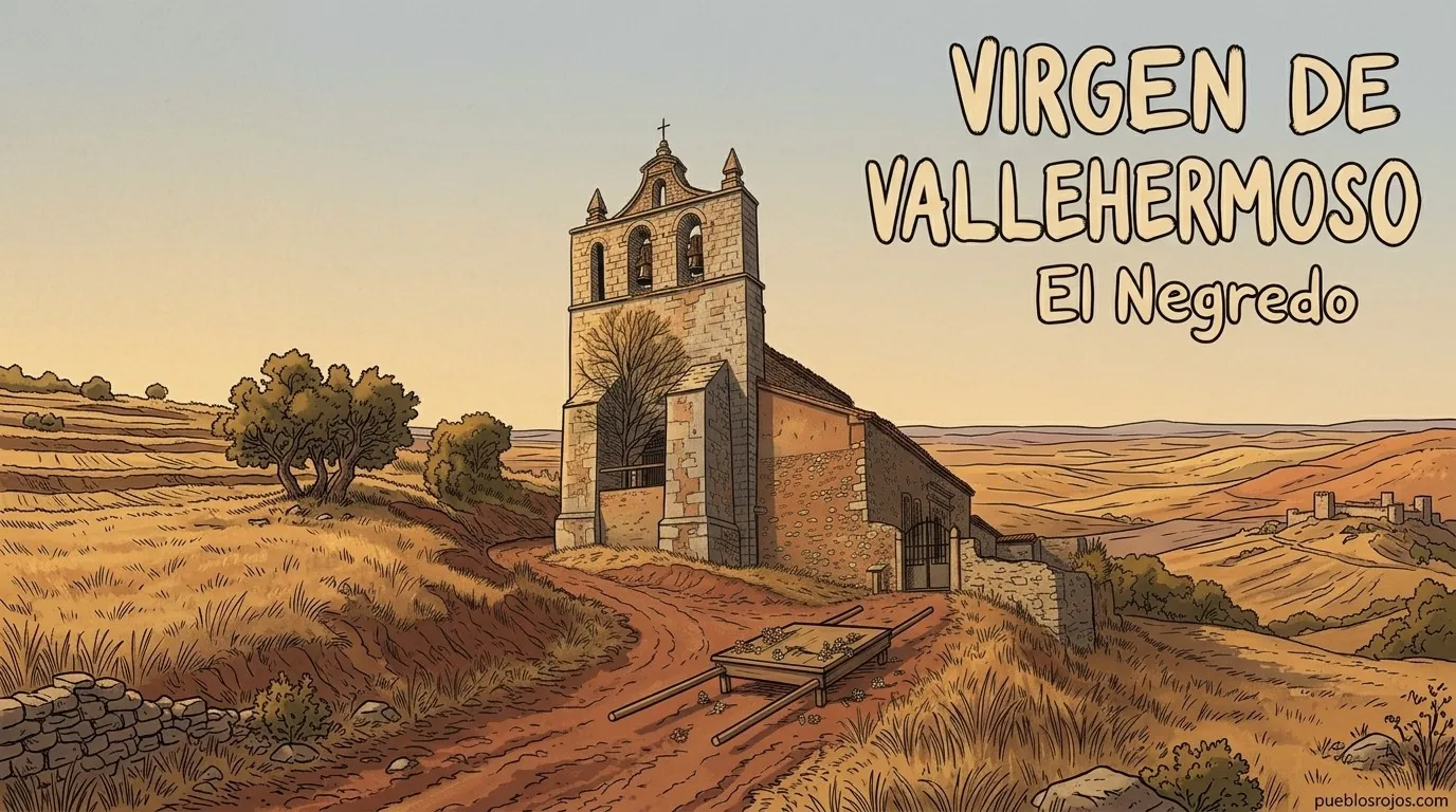Ilustración: cartel de la Virgen de Vallehermoso en El Negredo, con la iglesia de espadaña sobre el camino de tierra roja y unas andas vacías adornadas con flores