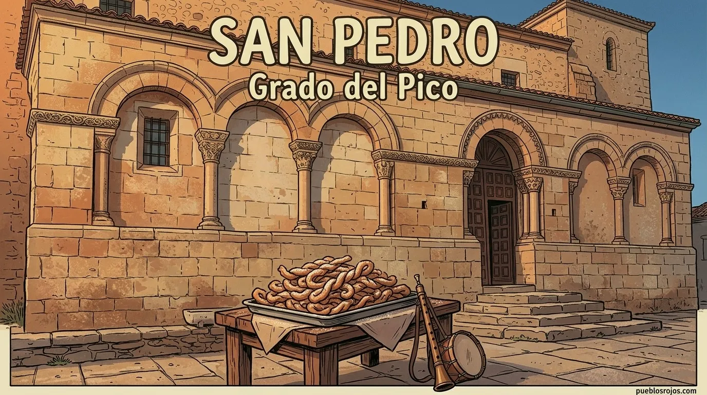 Ilustración: cartel de San Pedro en Grado del Pico, con la galería porticada románica de la iglesia, una bandeja de tirabuzones, una dulzaina y un tamboril