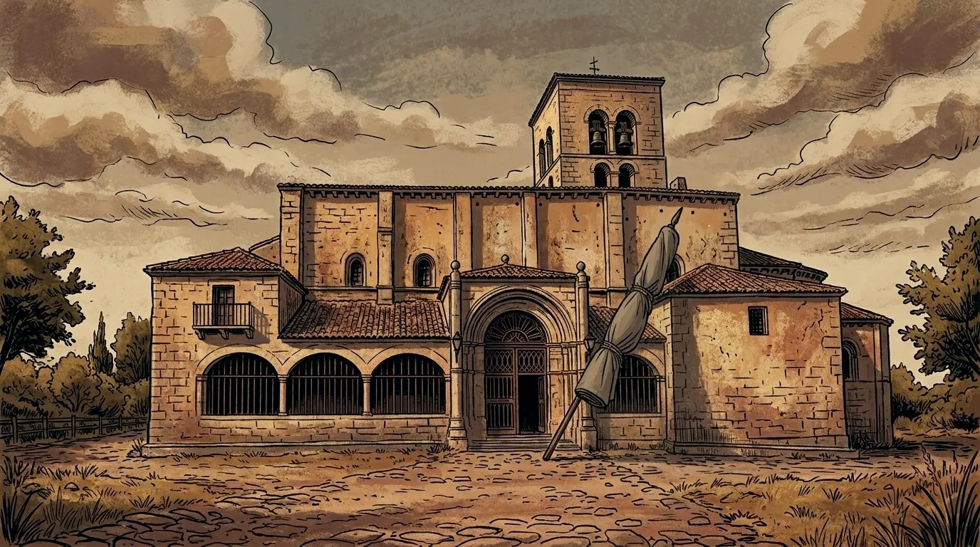 Ilustración: el santuario de la Virgen de la Peña de Sepúlveda, con su pórtico, y la Bandera enrollada y atada apoyada en la portada