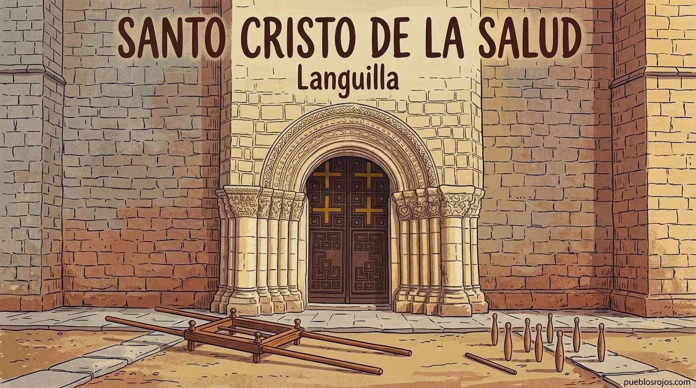 Ilustración: cartel del Santo Cristo de la Salud en Languilla, con la portada románica de San Miguel, unas andas vacías en el suelo y unos bolos de madera plantados