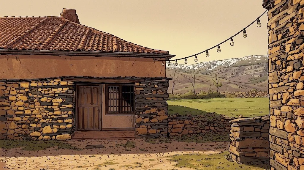 Ilustración: una casa de cuarcita amarilla y lajas con su porche en Martín Muñoz de Ayllón, una guirnalda de bombillas hasta la esquina de piedra y la sierra nevada al fondo