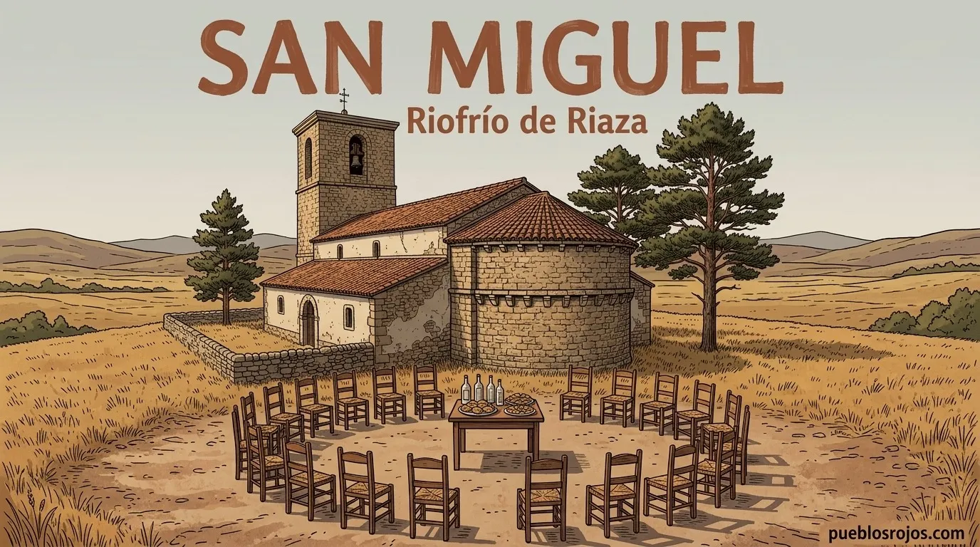 Ilustración: cartel de San Miguel en Riofrío de Riaza, con la iglesia románica en la ladera y, delante, un corro de sillas vacías alrededor de una mesa con botellas de aguardiente y anís y bandejas de pastas