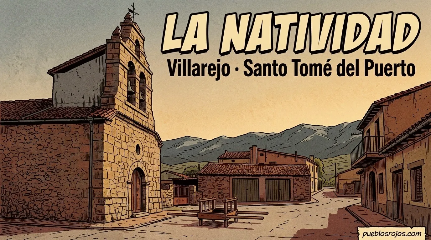 Ilustración: cartel de la Natividad en Villarejo, Santo Tomé del Puerto, con la iglesia de espadaña a la izquierda, la calle con sus casas a la derecha, la sierra detrás y unas andas vacías ante la puerta