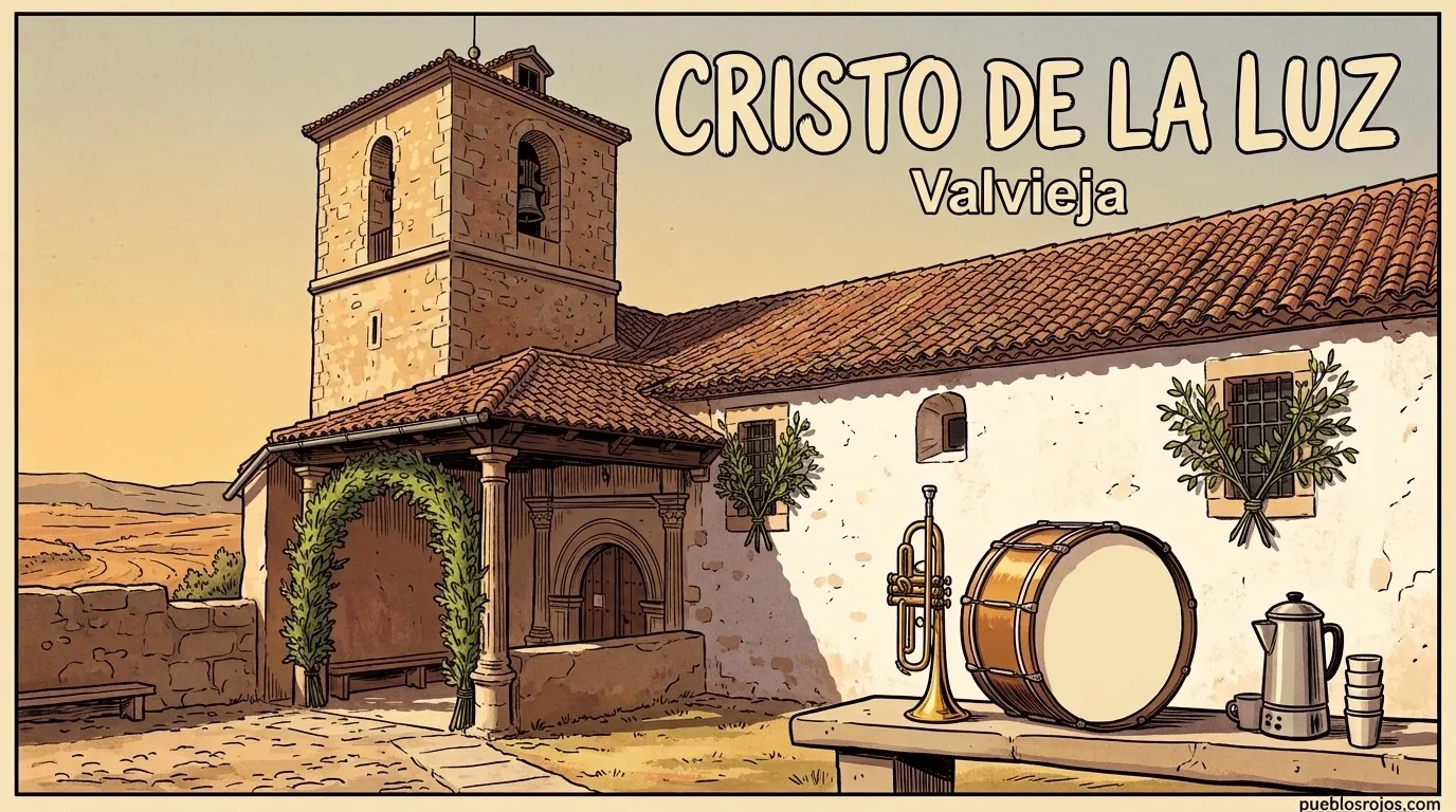 Ilustración: cartel del Cristo de la Luz en Valvieja, con la iglesia de San Andrés, un arco de ramas de chopo en el pórtico, ramas en las ventanas, una trompeta, un bombo y una chocolatera