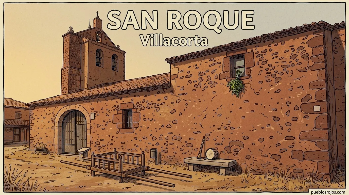 Ilustración: cartel de San Roque en Villacorta, con la iglesia de piedra roja, unas andas vacías con sus palos, una dulzaina y ramas verdes en la ventana