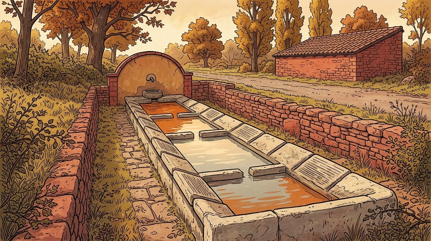 Ilustración: el lavadero de Madriguera junto a la carretera de El Muyo, con su pila partida en senos, el agua teñida de óxido y la cabecera curva con su caño