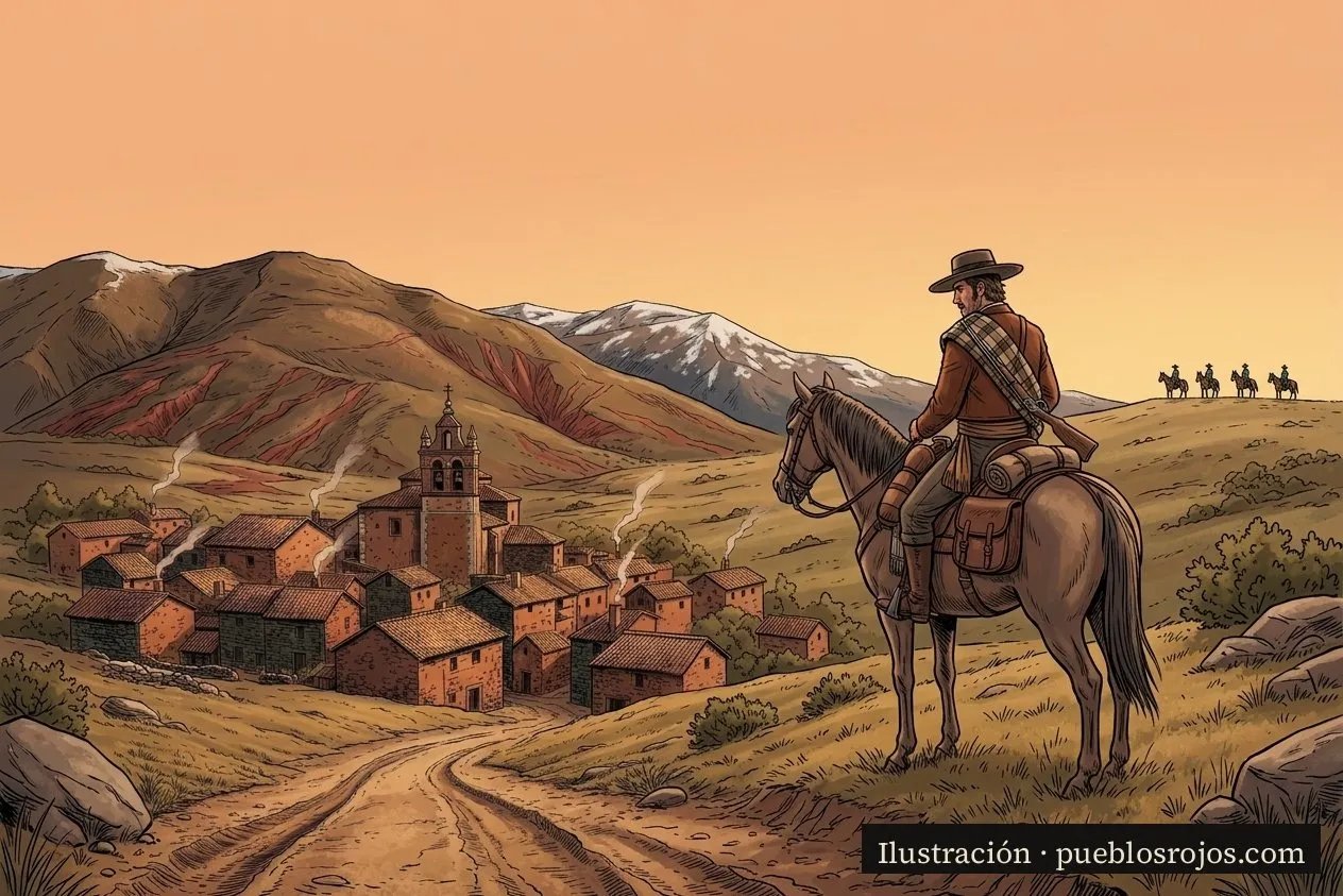 Ilustración: un jinete de 1873 mira Madriguera desde el camino, con la iglesia, el caserío rojo y la sierra detrás