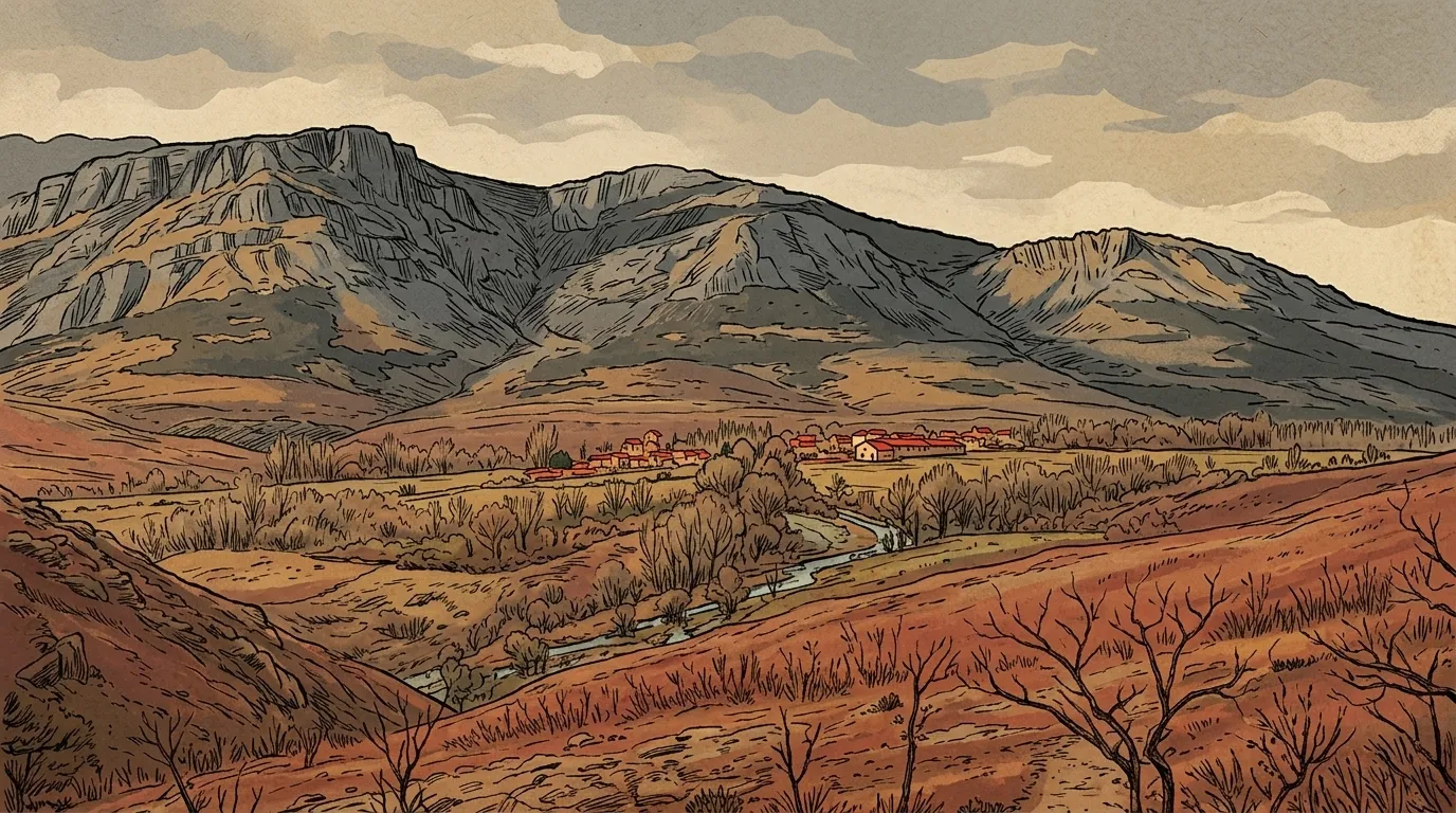 Ilustración: Martín Muñoz de Ayllón en el fondo de su valle, rodeado de cumbres de roca gris, con el robledal pardo delante y el arroyo junto al pueblo