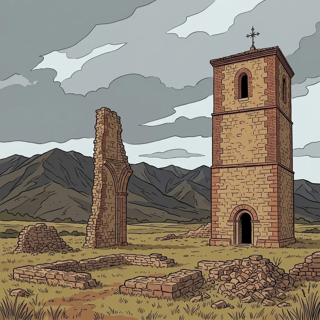 Ilustración: las ruinas del monasterio de Santo Tomé de Pie del Puerto, con la torre cuadrada entera y un trozo del muro de la nave en un llano al pie de la sierra