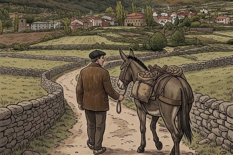 Ilustración: un hombre lleva una mula cargada de patatas por un camino entre paredes de piedra, con Riofrío de Riaza y la sierra nevada detrás