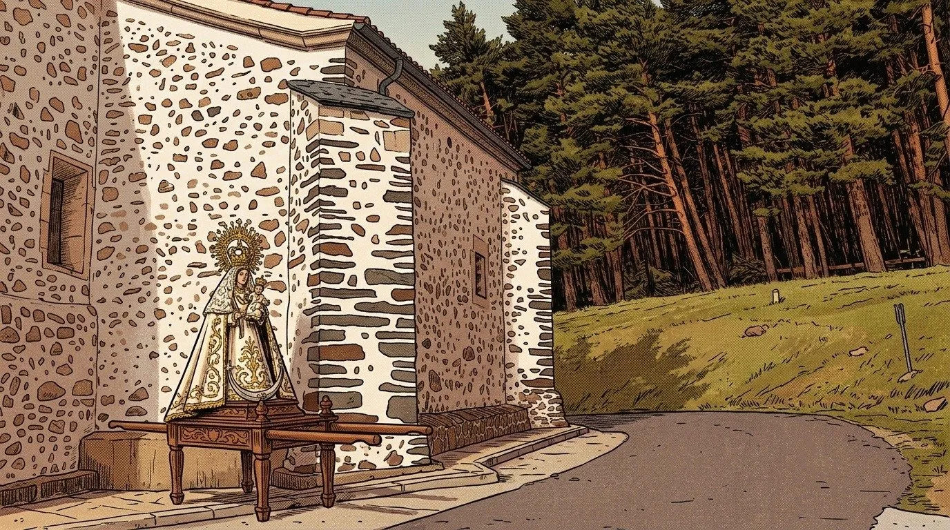 Ilustración: la ermita de Hontanares con la Virgen en sus andas ante el muro, el día de la romería