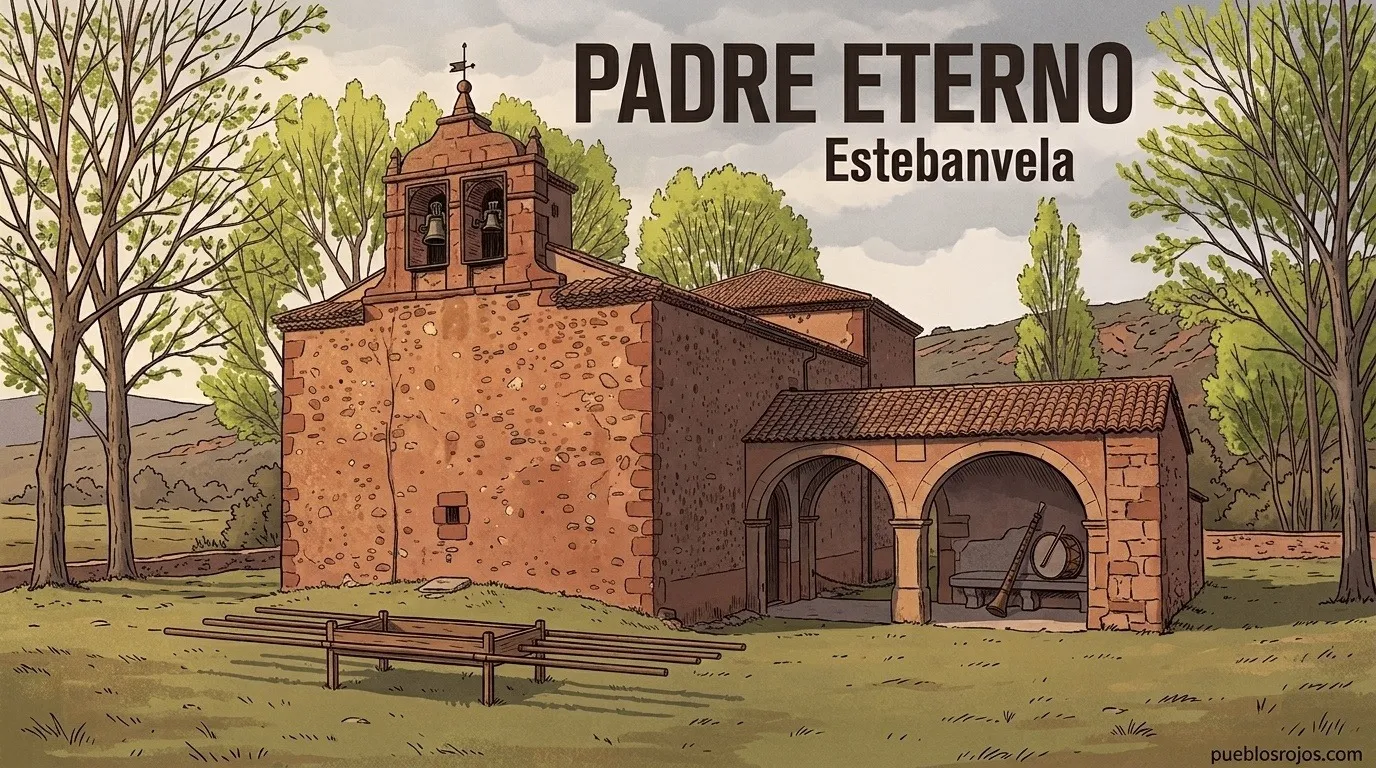Ilustración: cartel del Padre Eterno de Estebanvela, con la ermita y su soportal en la pradera de primavera, unas andas vacías en la hierba y una dulzaina y un tamboril en el banco del soportal