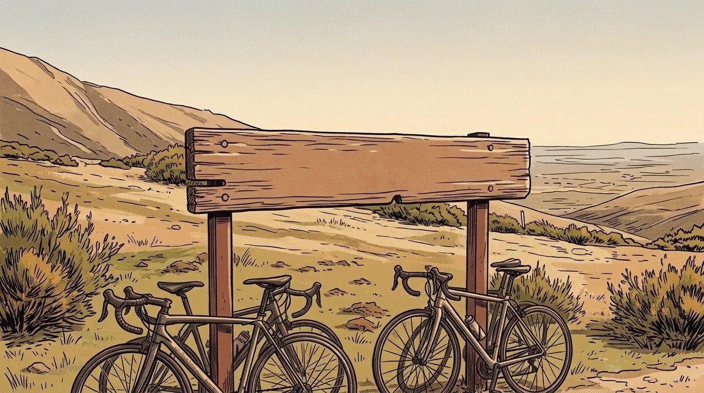 Ilustración: el poste del puerto de la Quesera con bicicletas de carretera apoyadas y la sierra detrás