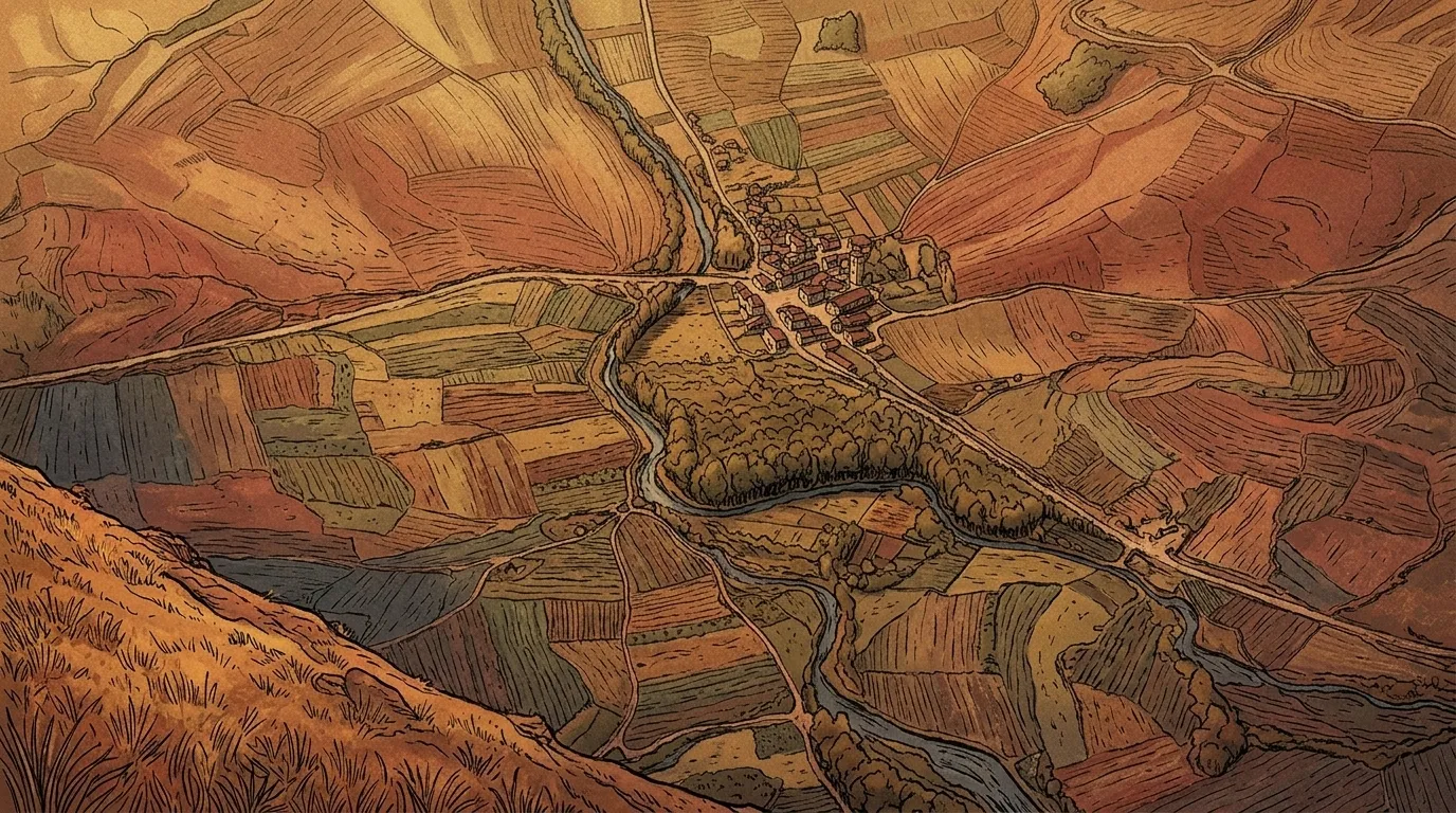 Ilustración: la vega de Francos a vista de pájaro, con el Aguisejo, el pueblo y el mosaico de huertas, según el vuelo de 1956