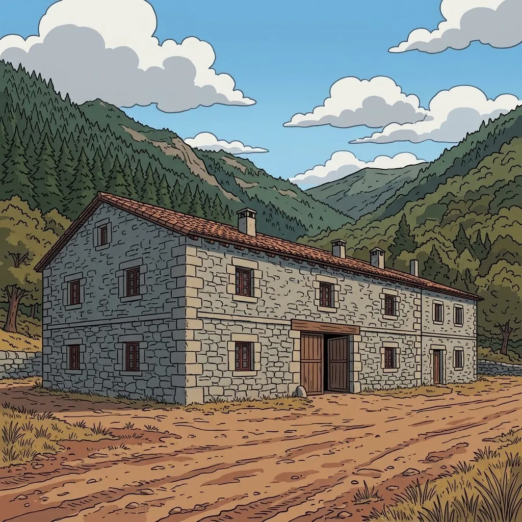 Ilustración: la venta de Juanilla, una casa larga de dos plantas de granito con portalón para carros, al pie de la sierra